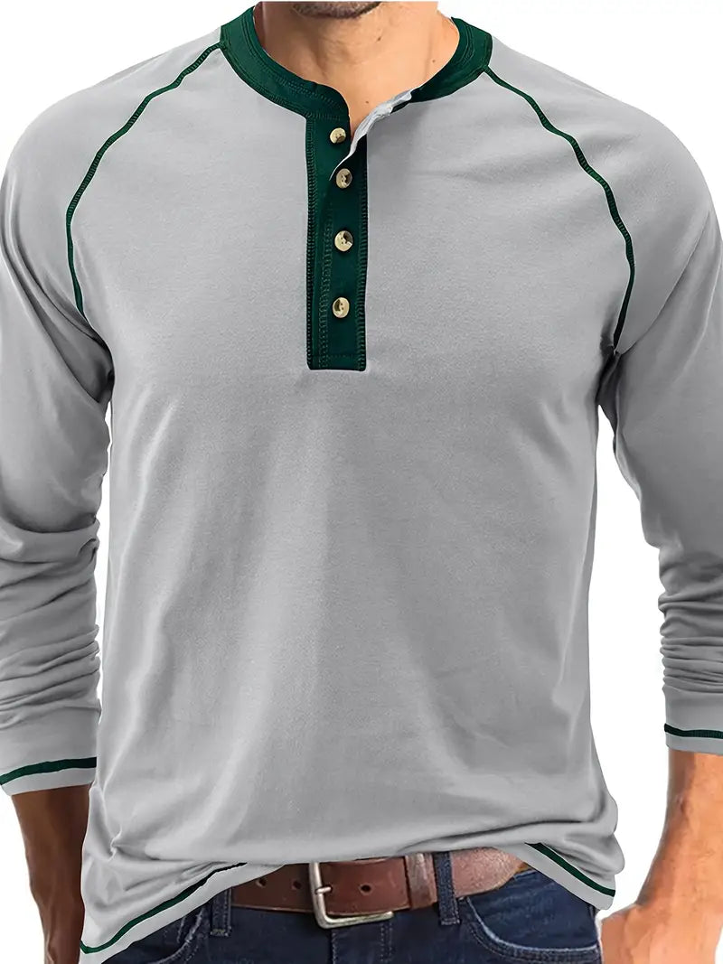 Sharma - Camisa Henley De Manga Larga y Cuello Redondo