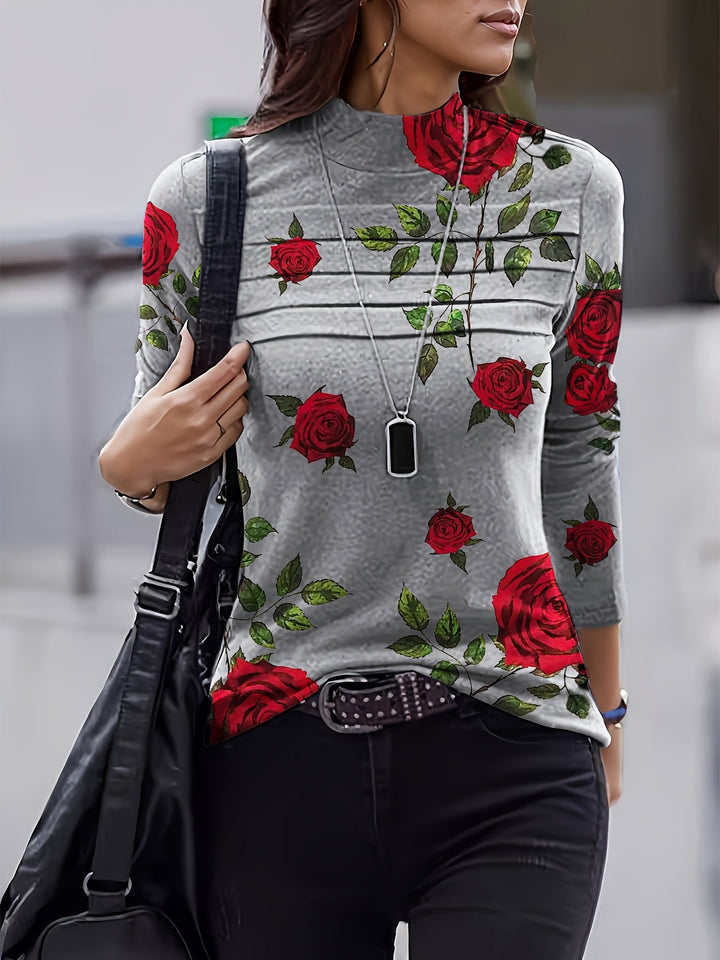 Emine - Top Estampado de Cuello Alto Con Detalle Plisado