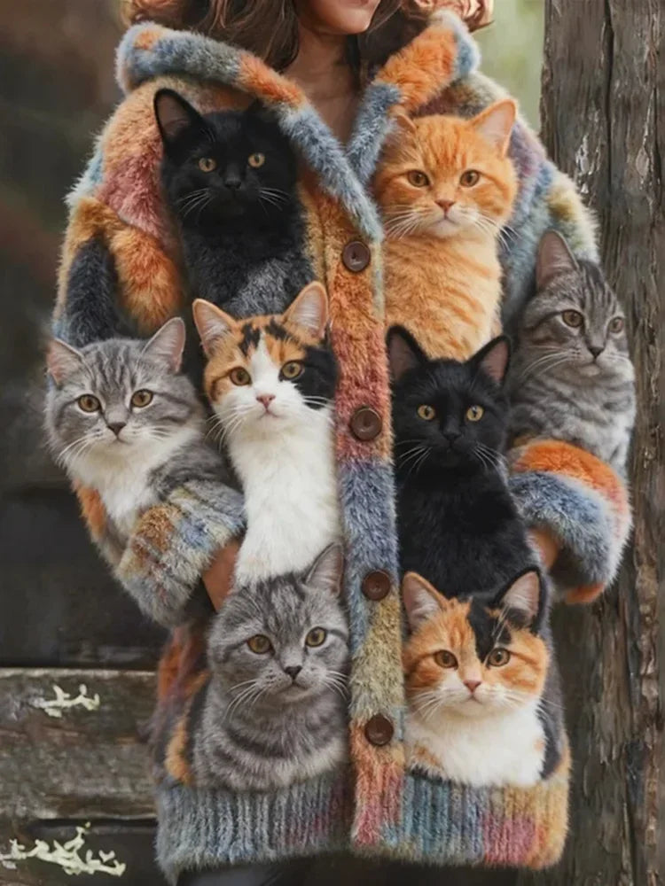 Niraya - Abrigo de Lana con Divertido Estampado de Gatos