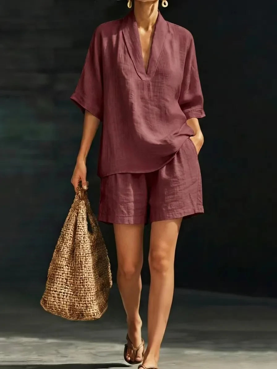 Silvani - Conjunto De Camiseta Informal De Algodón Con Cuello en V Y Pantalones Cortos