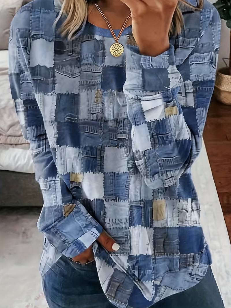 Talya - Top Informal de Manga Larga Con Estampado a Cuadros