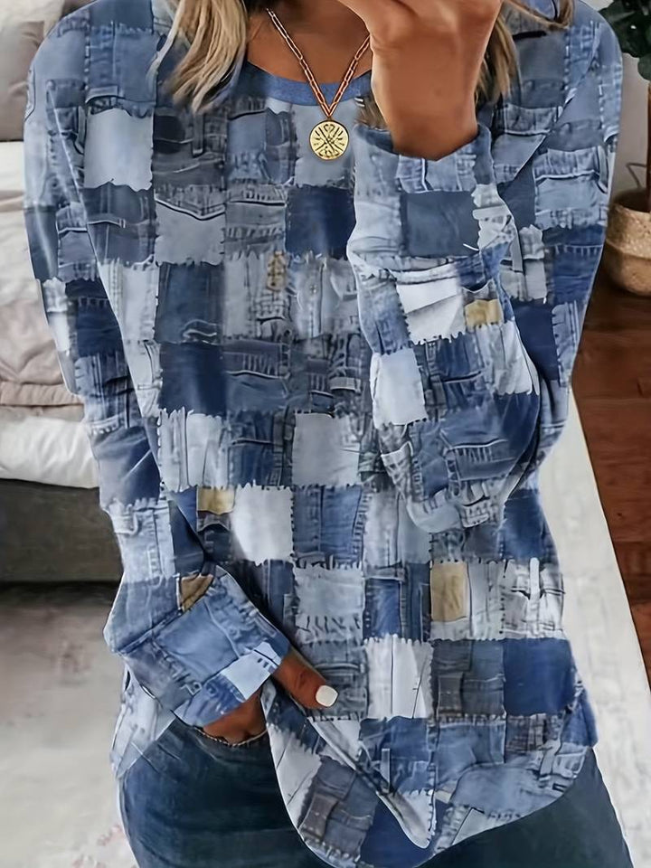 Talya - Top Informal de Manga Larga Con Estampado a Cuadros