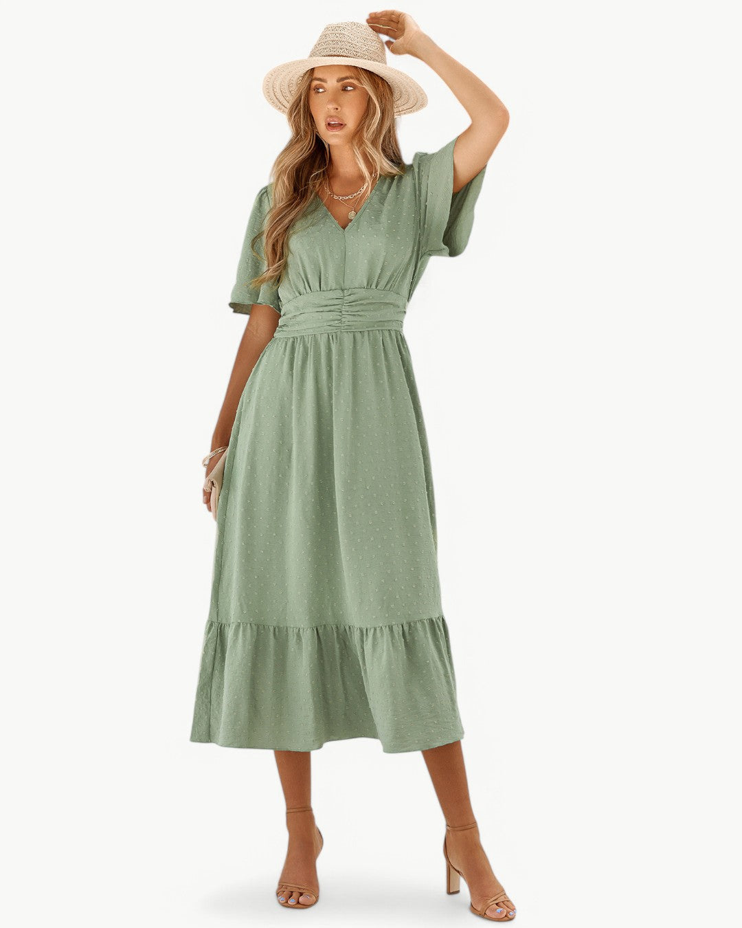 Rameena - Elegante Vestido Con Cuello En V Y Manga Corta