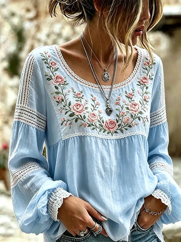 Esraa - Blusa De Lino Con Cuello Bordado Con Motivos Florales
