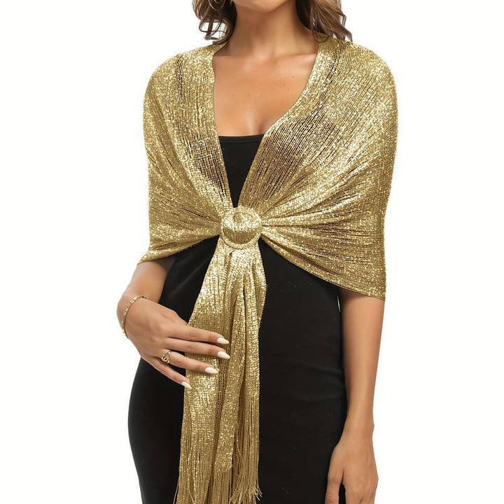 Shoshana - Elegante Chal Decorativo Con Flecos de Encaje y Bufandas Metalizadas