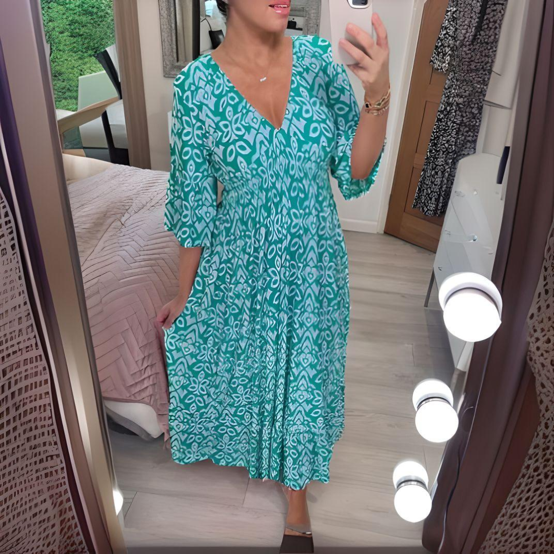 Tabitha - Maxi Vestido Con Cuello En V y Estampado Vendimia