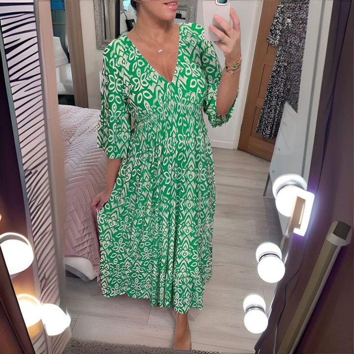 Tabitha - Maxi Vestido Con Cuello En V y Estampado Vendimia