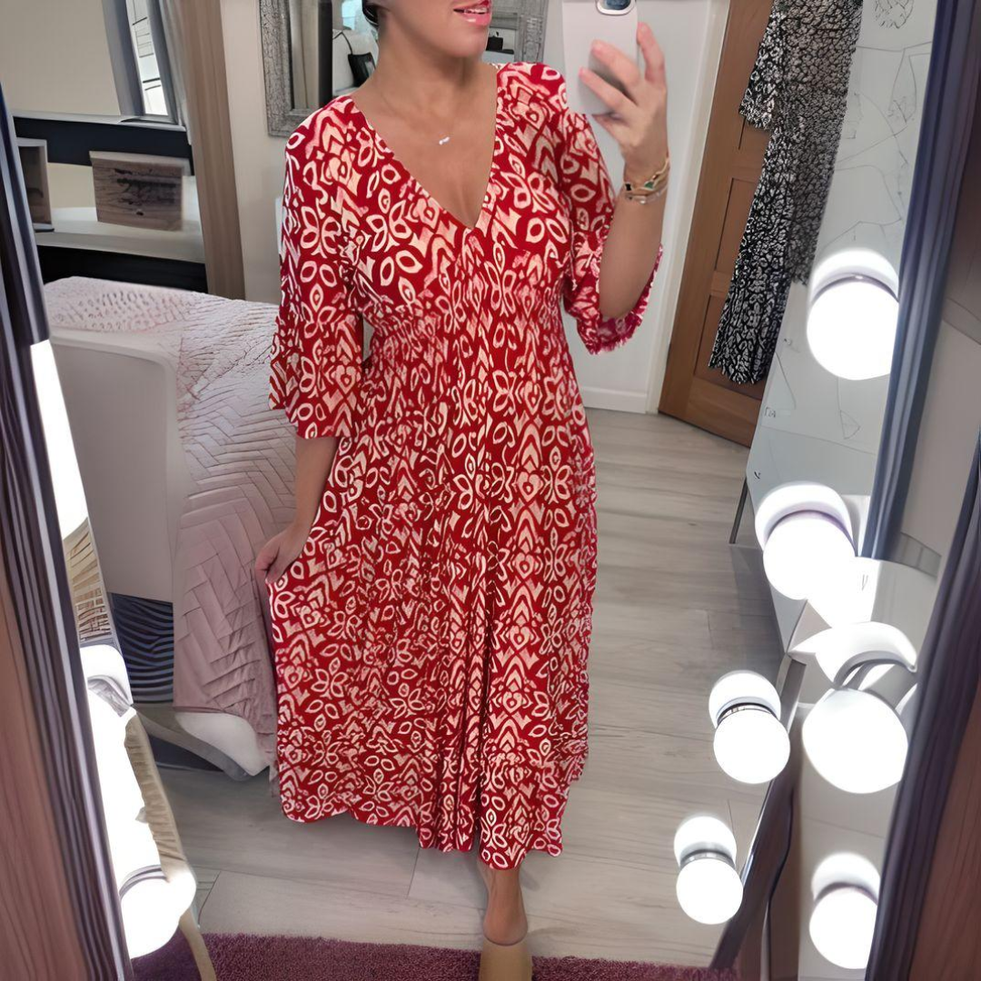 Tabitha - Maxi Vestido Con Cuello En V y Estampado Vendimia