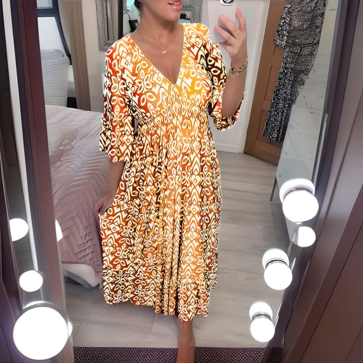 Tabitha - Maxi Vestido Con Cuello En V y Estampado Vendimia