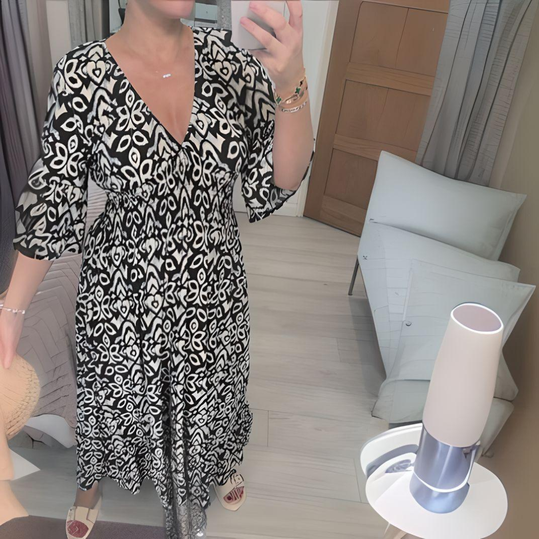 Tabitha - Maxi Vestido Con Cuello En V y Estampado Vendimia