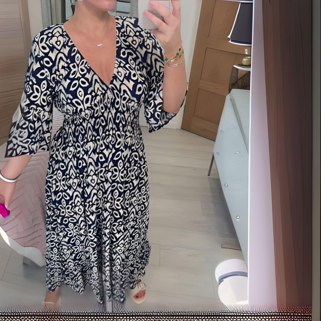 Tabitha - Maxi Vestido Con Cuello En V y Estampado Vendimia