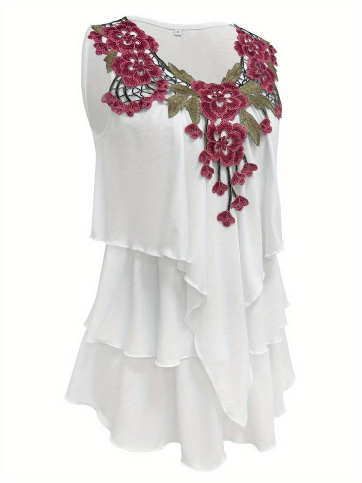 Verunka - Blusa De Verano Con Cuello en V Encaje Soluble Y Volantes en Estilo Patchwork
