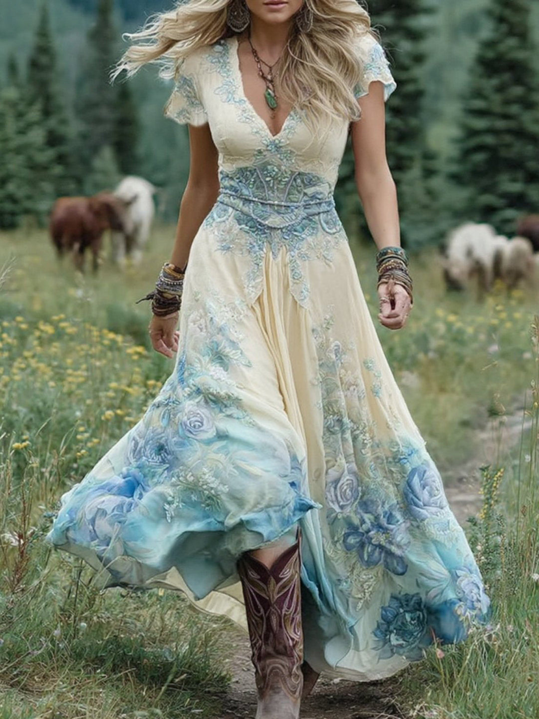 Marcina - Elegante Vestido Largo Con Tonos De Flores