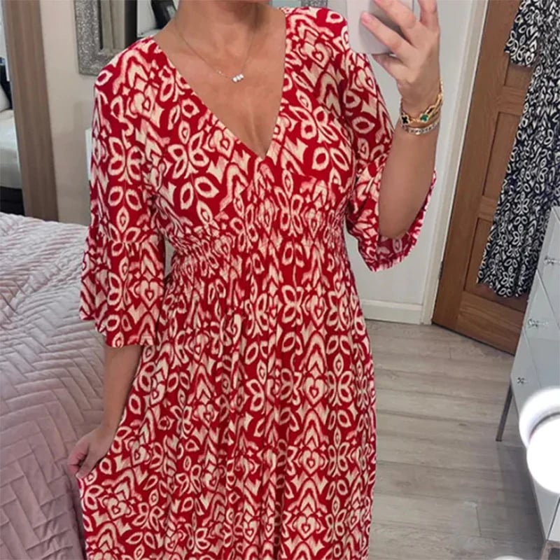 Yiska - Vestido Florales con Cuello en Pico
