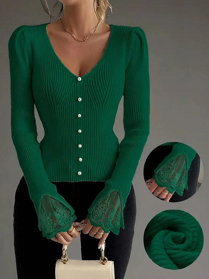 Visenna - Elegante Jersey Con Cuello en V y Mangas De Encaje