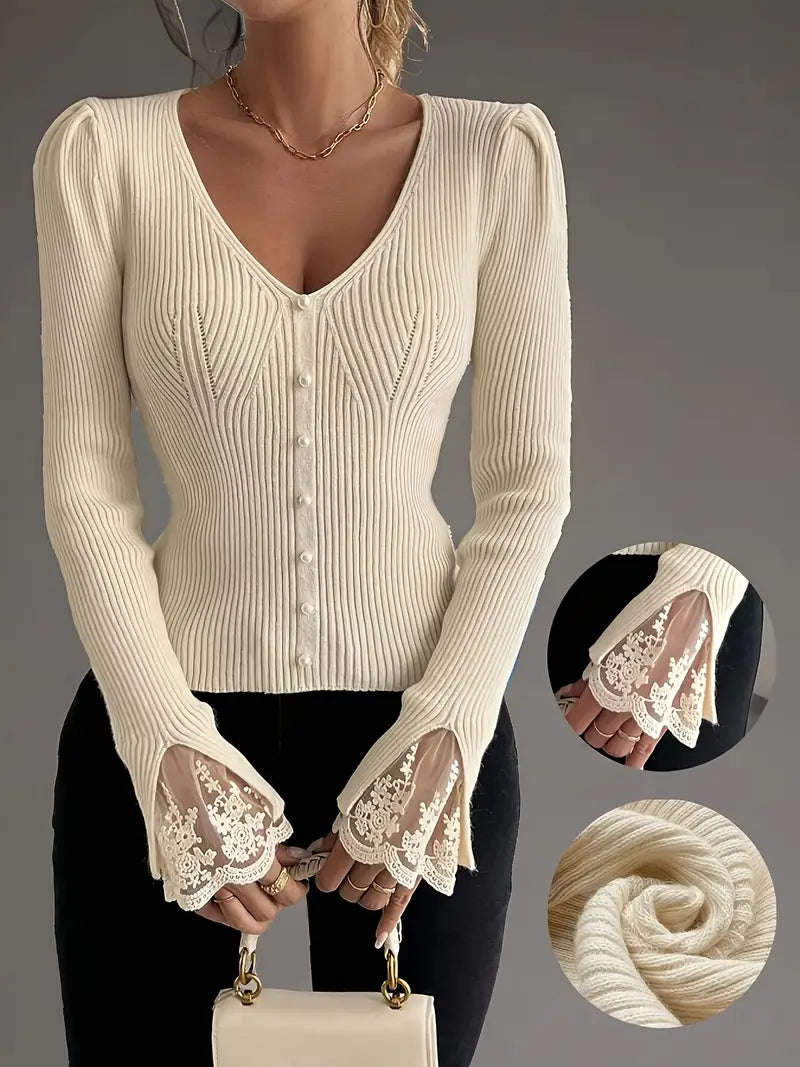 Visenna - Elegante Jersey Con Cuello en V y Mangas De Encaje