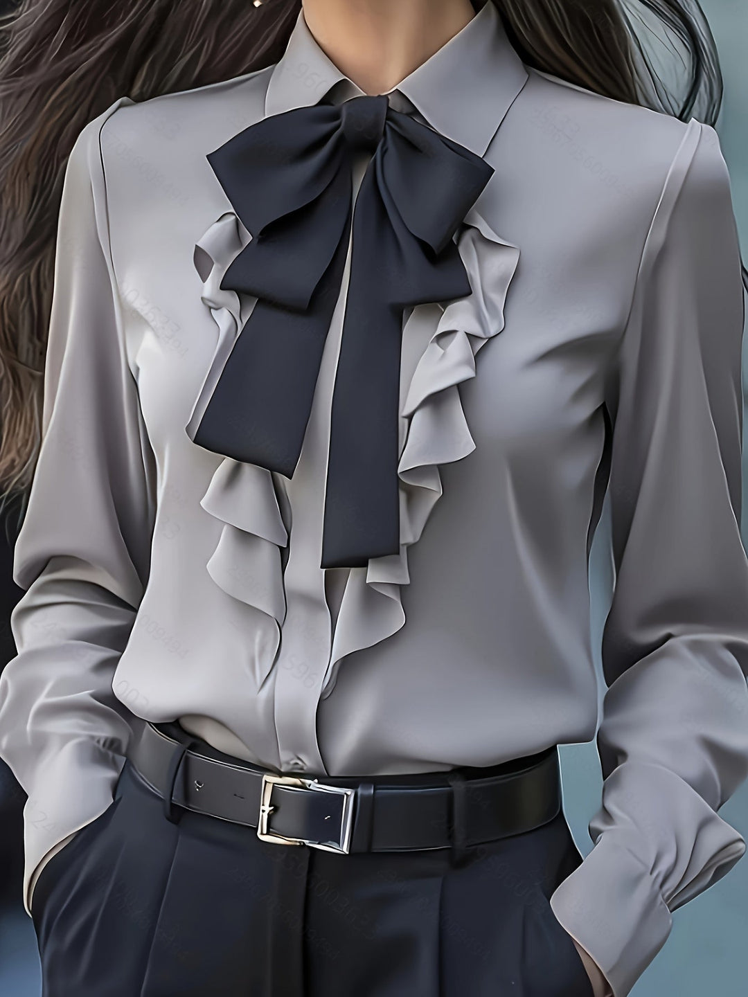 Dwyna - Blusa De Manga Larga Con Botones y Lazo Con Volantes