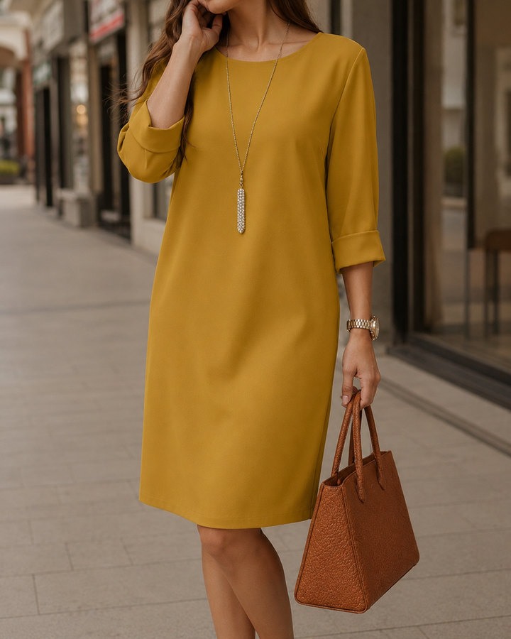 Huguette - Vestido Recto de Cuello Redondo Con Bolsillos