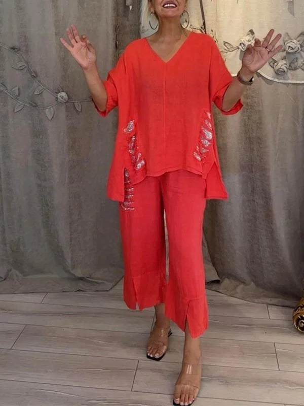 Himashi - Elegante Traje De Dos Piezas De Algodón y Lino Con Cuello En V