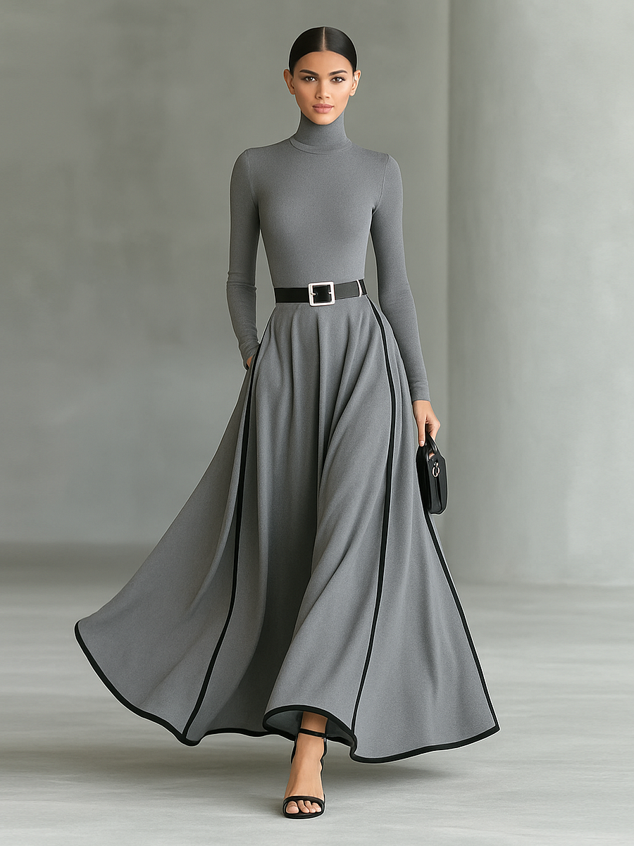 Romilly - Vestido Largo Ajustado Con Cinturón y Manga Larga
