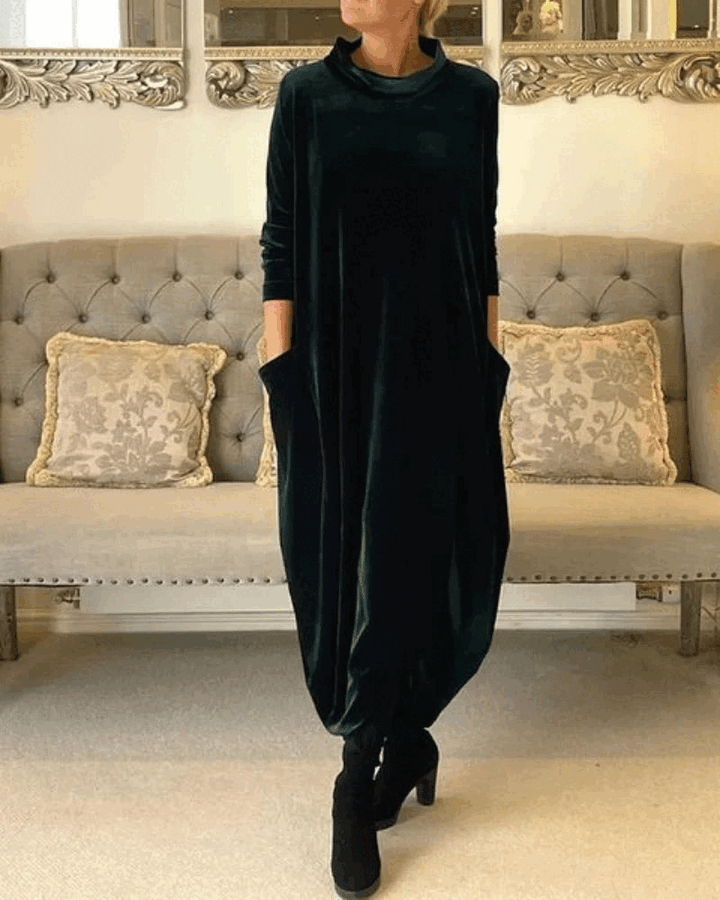 Layeena - Elegante Vestido Largo De Terciopelo Con Bolsillos
