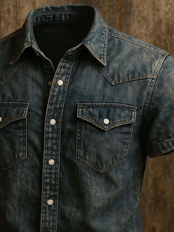 Camisa Vintage De Sarga Para Hombre Con Dos Bolsillos y Manga Corta Con Aspecto Desgastado
