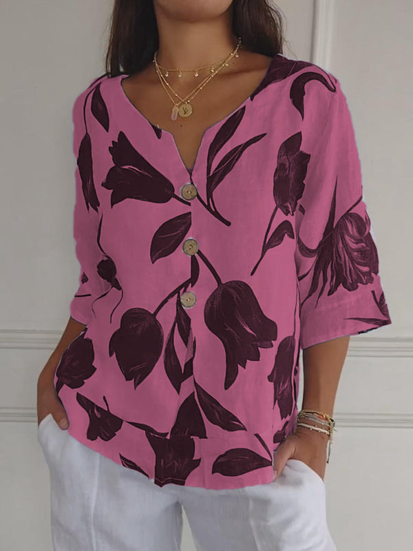 Despoina - Elegante Top Con Estampado Floral y Botones