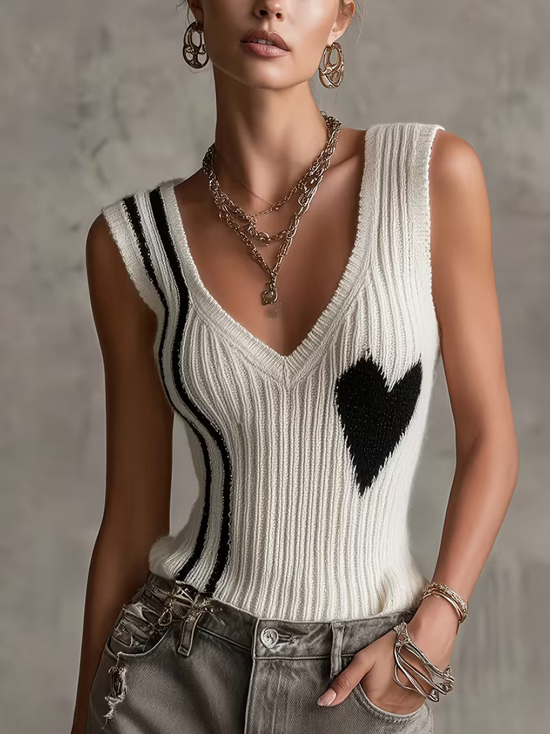 Sutchai - Chaleco sin Mangas con Jacquard de Corazones en Contraste