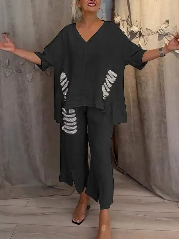 Himashi - Elegante Traje De Dos Piezas De Algodón y Lino Con Cuello En V