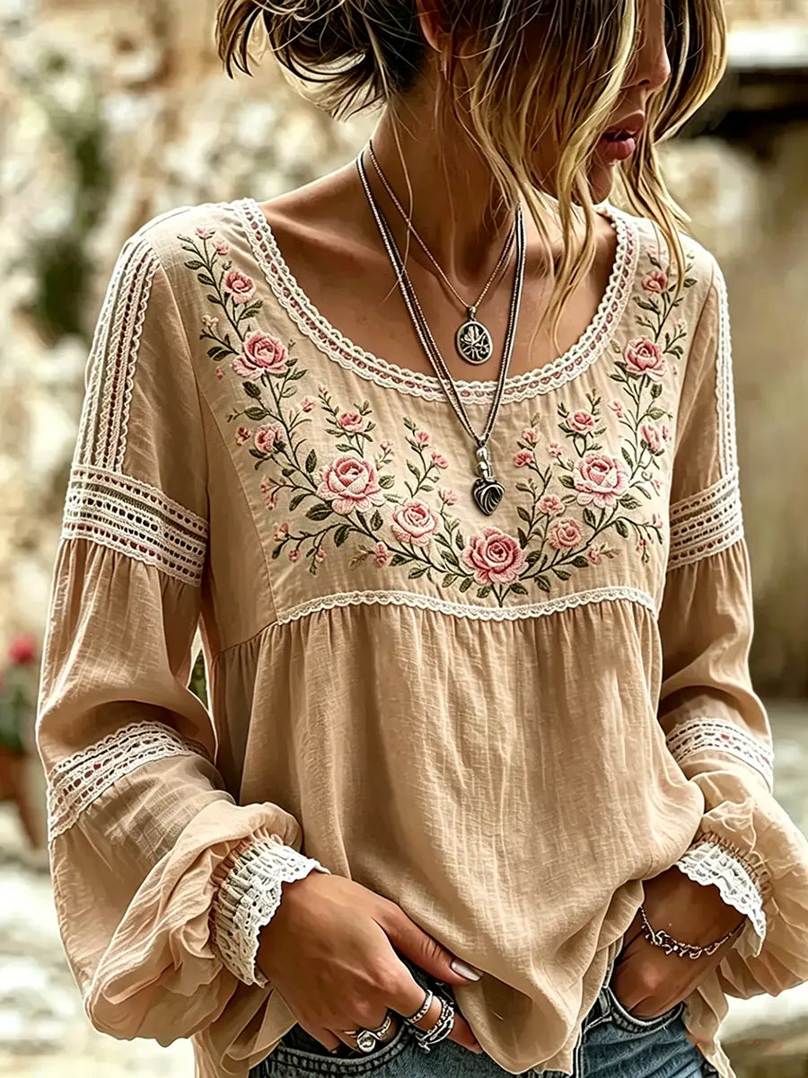 Esraa - Blusa De Lino Con Cuello Bordado Con Motivos Florales