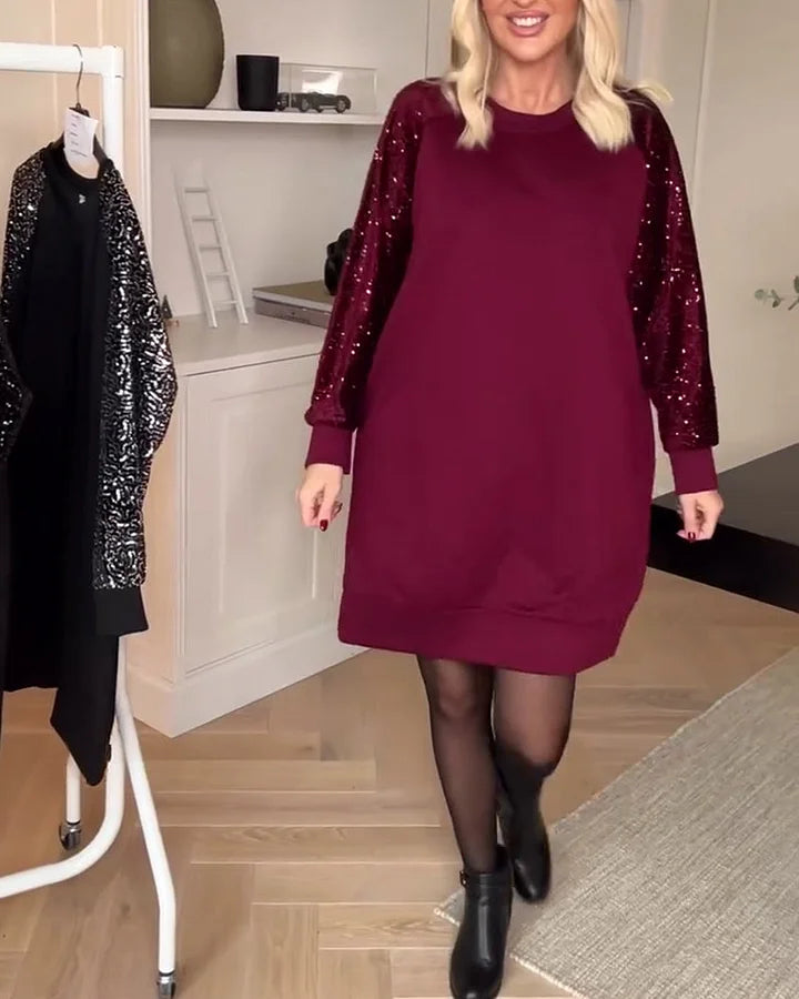 Cunningham - Vestido De Manga Larga Con Cuello Redondo y Lentejuelas