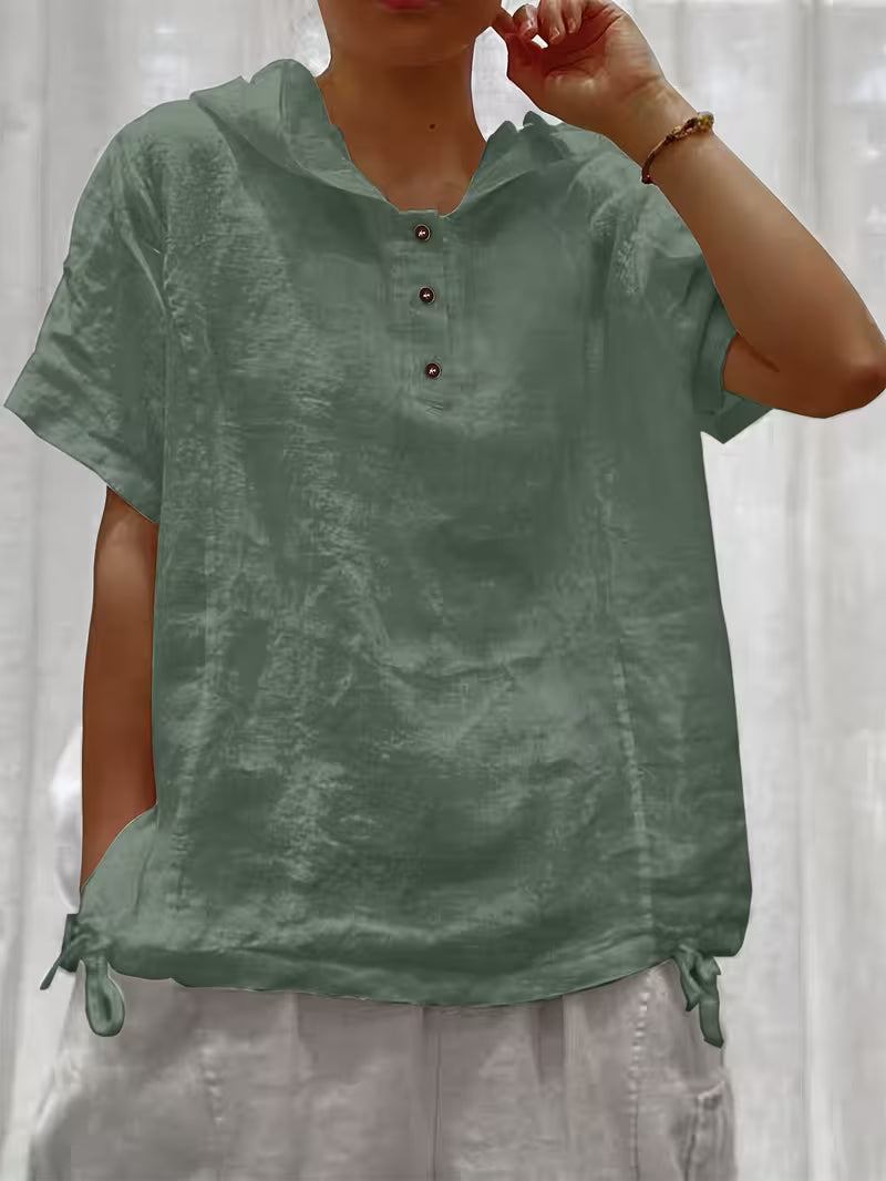 Bouchra - Camisa Holgada De Manga Corta De Color Liso Con Capucha Y Botones en La Parte Delantera