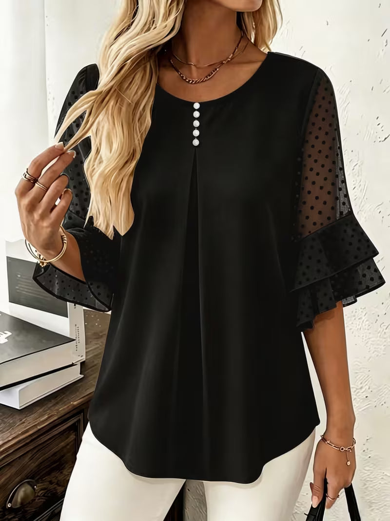 Hurley - Blusa de Cuello Redondo Con Mangas Transparentes Con Volantes