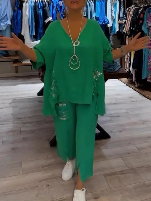 Himashi - Elegante Traje De Dos Piezas De Algodón y Lino Con Cuello En V