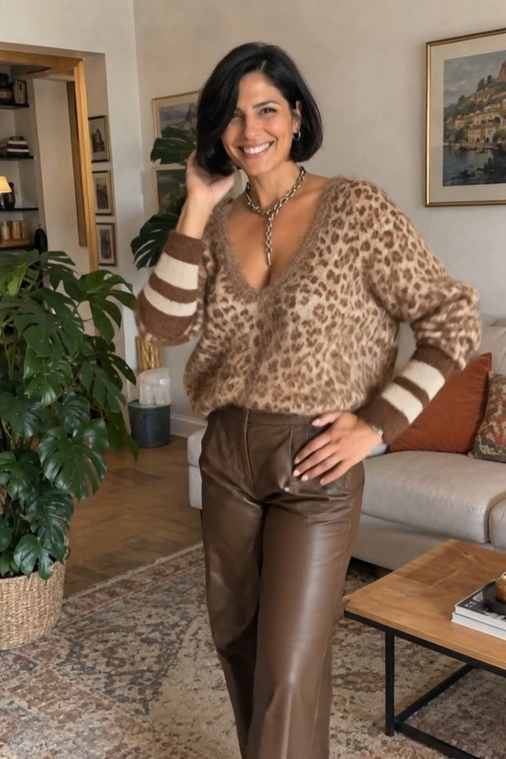 Zelinna - Jersey Con Cuello en V Y Estampado De Leopardo