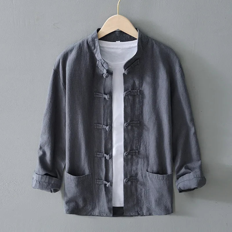 Ffinian - Camisa De Cuello Mao De Algodón Y Lino