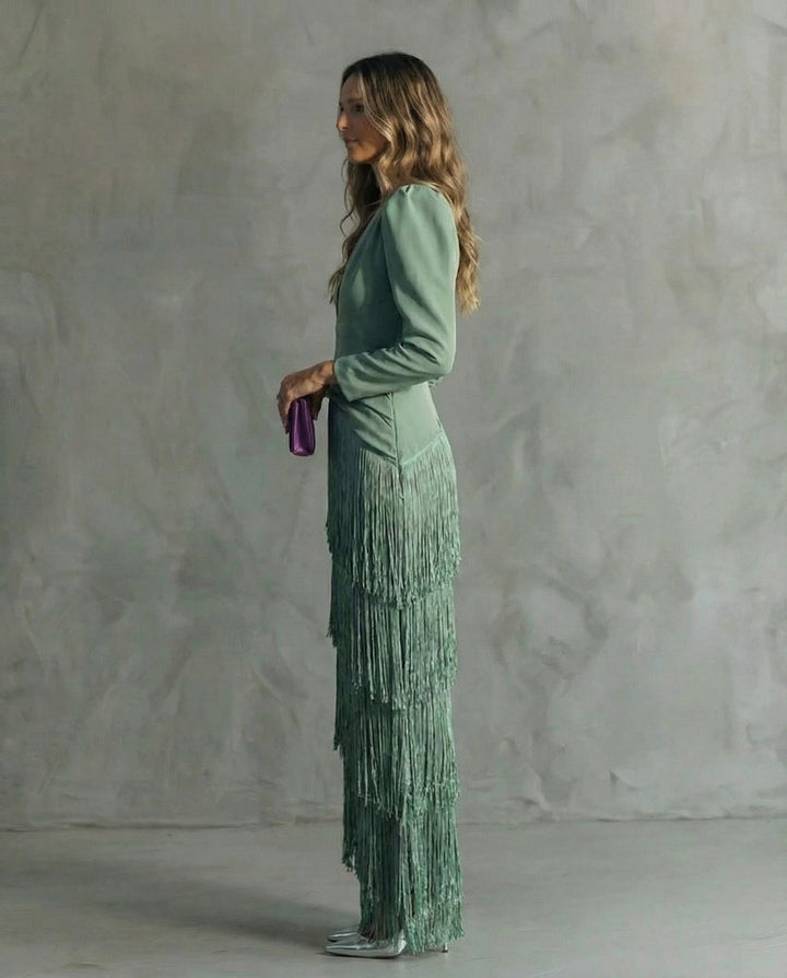 Nipuni - Vestido Eegante Con Mangas Con Flecos