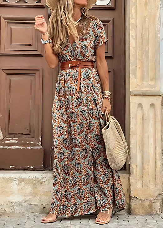 Briony - Elegante Vestido Largo Con Estampado De Cachemira y Cinturón