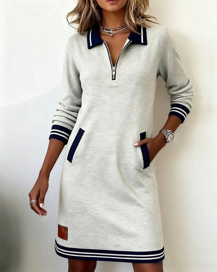 Zanda - Vestido Con Cuello Cruzado y Bolsillo En Contraste
