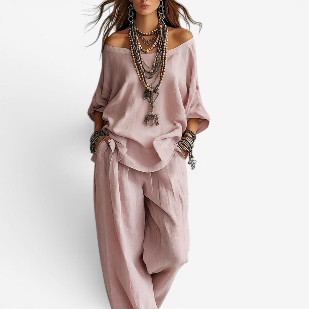 Shompa - Conjunto De Top Oversize Con Hombros Al Aire Y Pantalones De Pierna Ancha