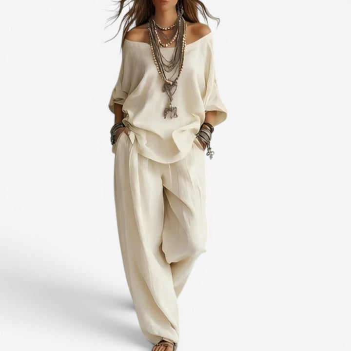 Shompa - Conjunto De Top Oversize Con Hombros Al Aire Y Pantalones De Pierna Ancha