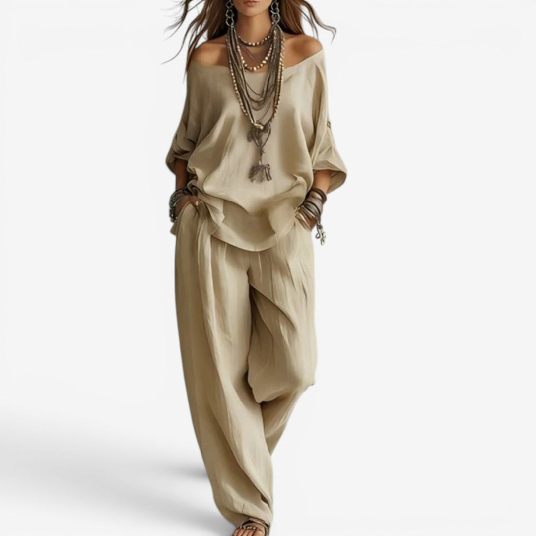 Shompa - Conjunto De Top Oversize Con Hombros Al Aire Y Pantalones De Pierna Ancha