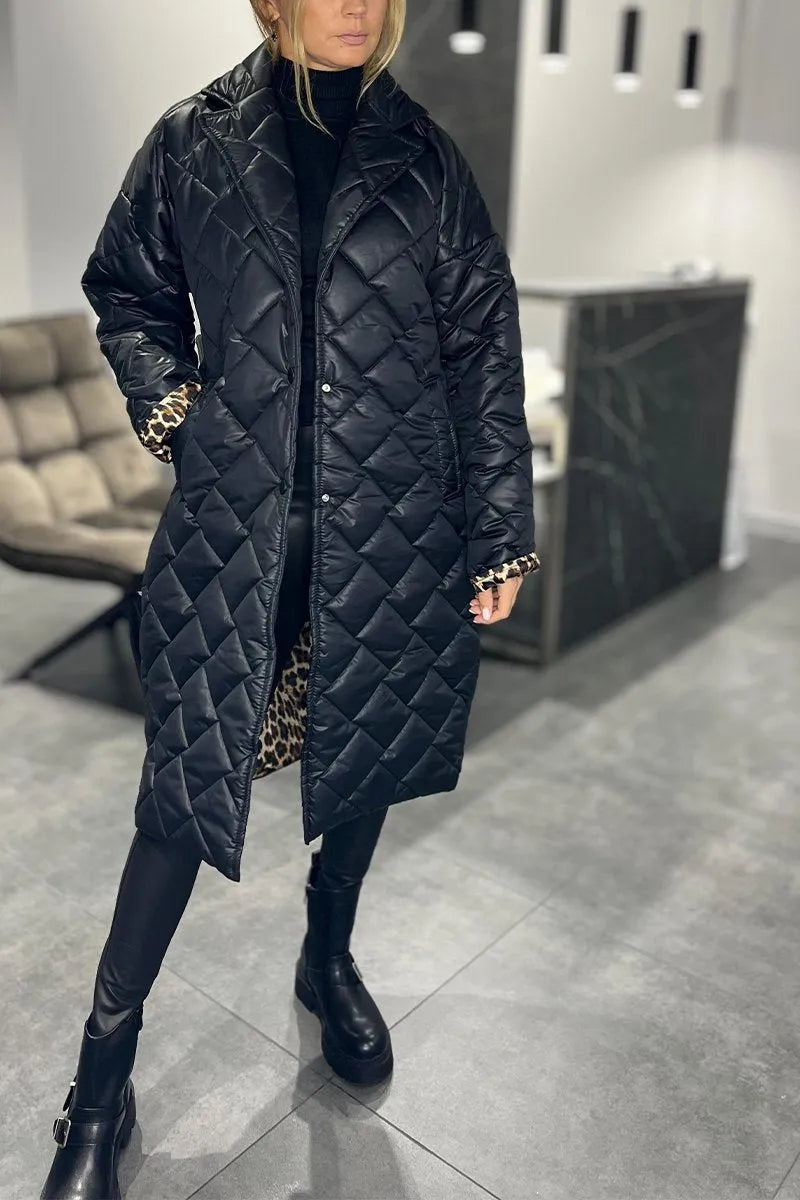 Devine - Elegante Abrigo Acolchado Con Forro De Leopardo
