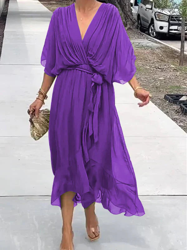 Ramilya - Vestido de Gasa Con Cuello en V