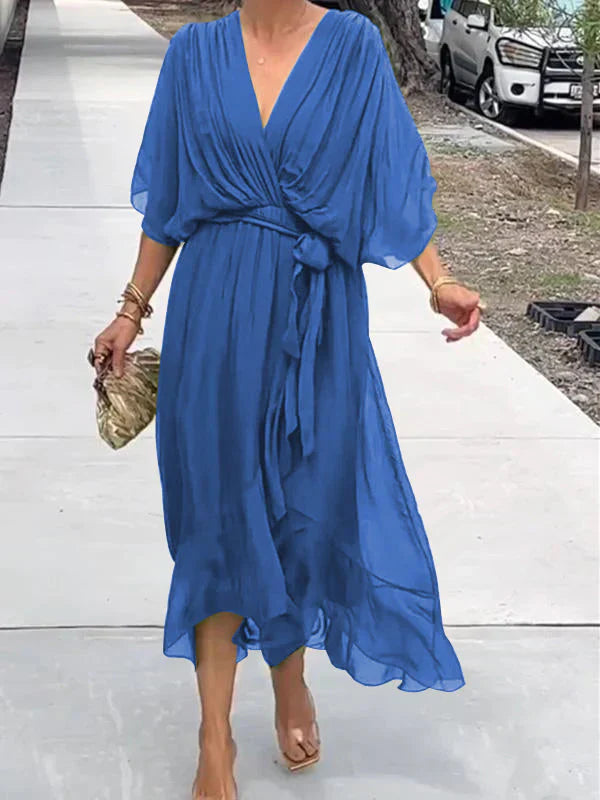 Ramilya - Vestido de Gasa Con Cuello en V