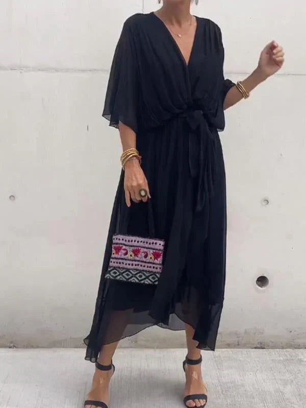 Ramilya - Vestido de Gasa Con Cuello en V