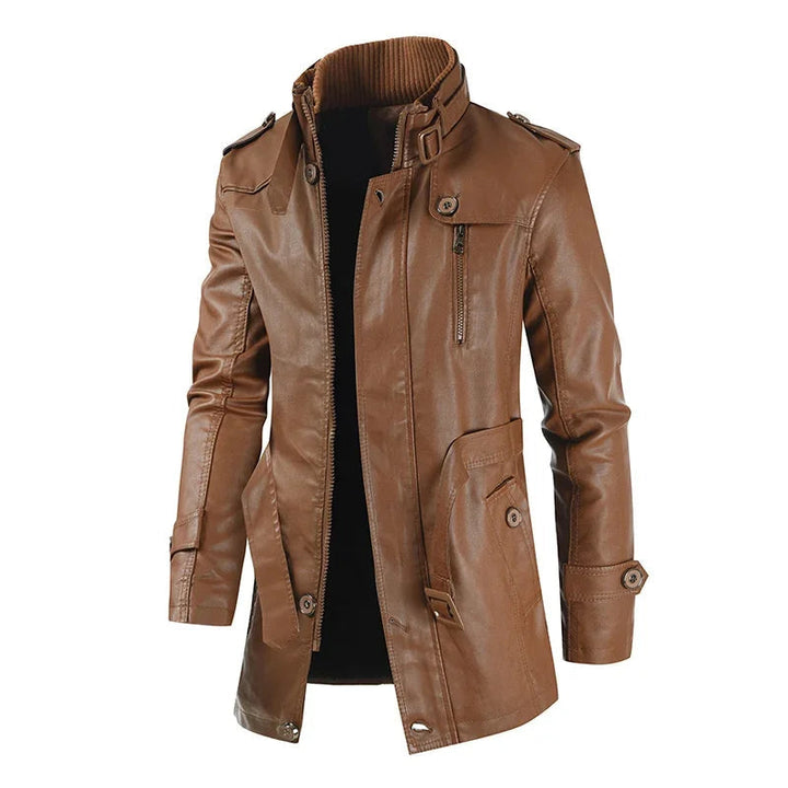 Krystain - Elegante Chaqueta Motera Larga de Cuero