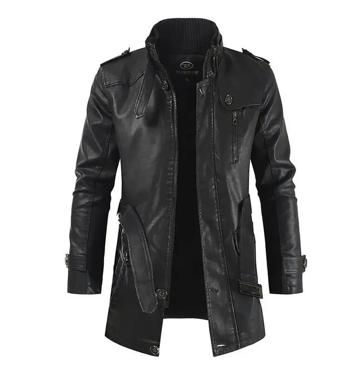 Krystain - Elegante Chaqueta Motera Larga de Cuero