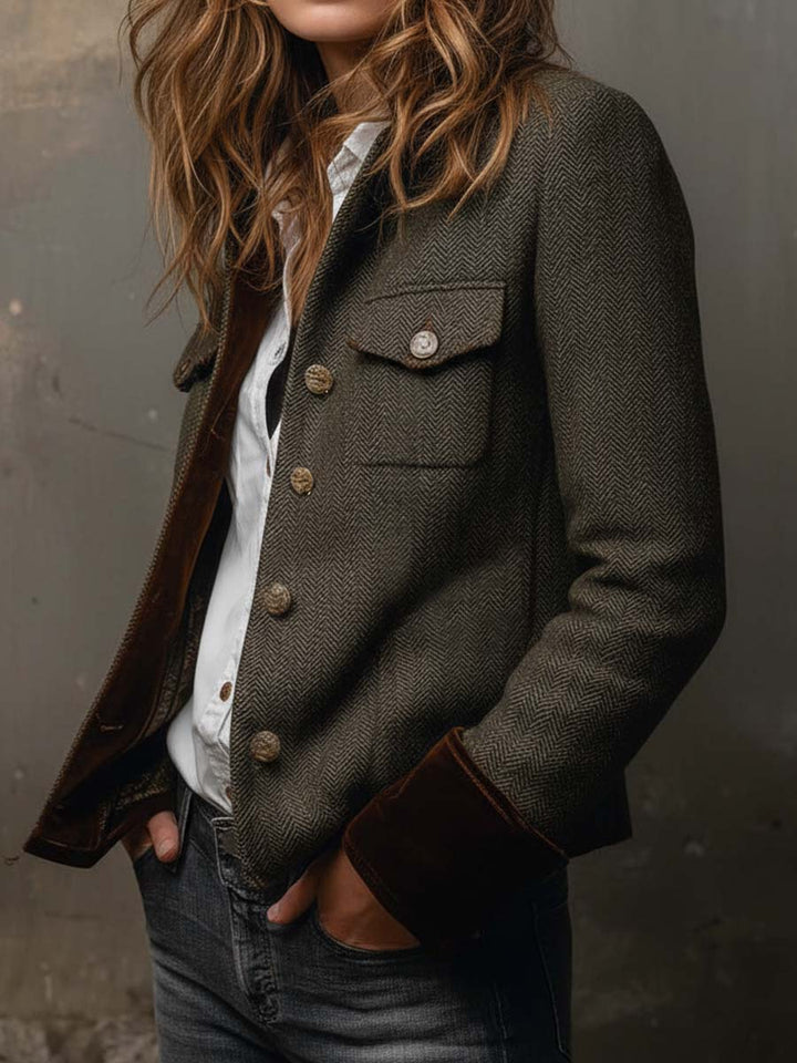 Lazina - Chaqueta Abotonada Con Estampado en Espiga Y Puños a Contraste