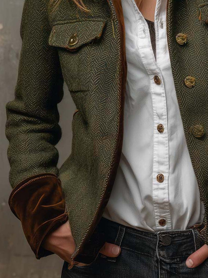 Lazina - Chaqueta Abotonada Con Estampado en Espiga Y Puños a Contraste